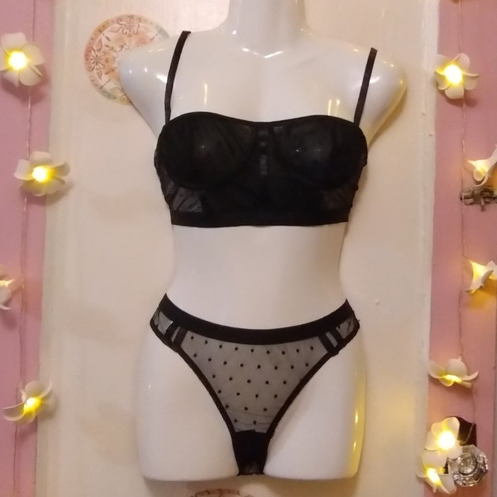 Polkadot (M) Mesh Lingerie Set in Black - NWOT